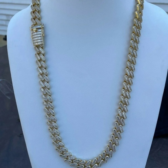 Men's Miami Cuban Link Chain Baguette Iced CZ 14k Gold Plated - Picture 2 of 5